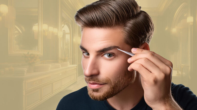 a man plucking his eyebrows with tweezers