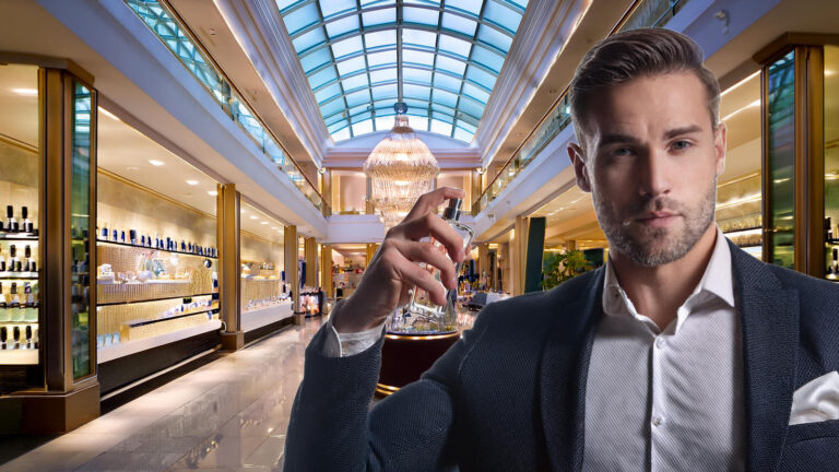 a man buying cologne from a store in the mall